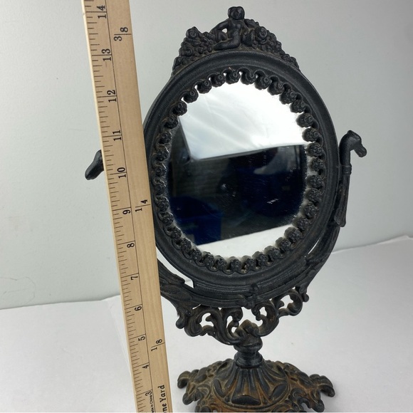 Vintage Victorian Table Top Vanity Oval Black Mirror Cast Iron Ornate Swivel MCM - Picture 2 of 7
